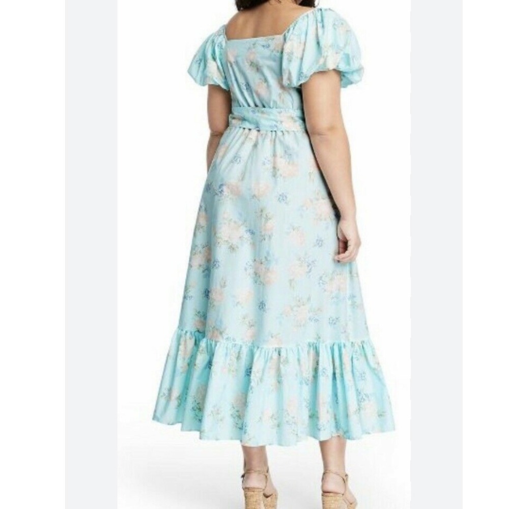 LoveShackFancy Blue‎ Floral Puff Sleeve Midi Dress Size 2 Tiered Hem for Target - Picture 2 of 12
